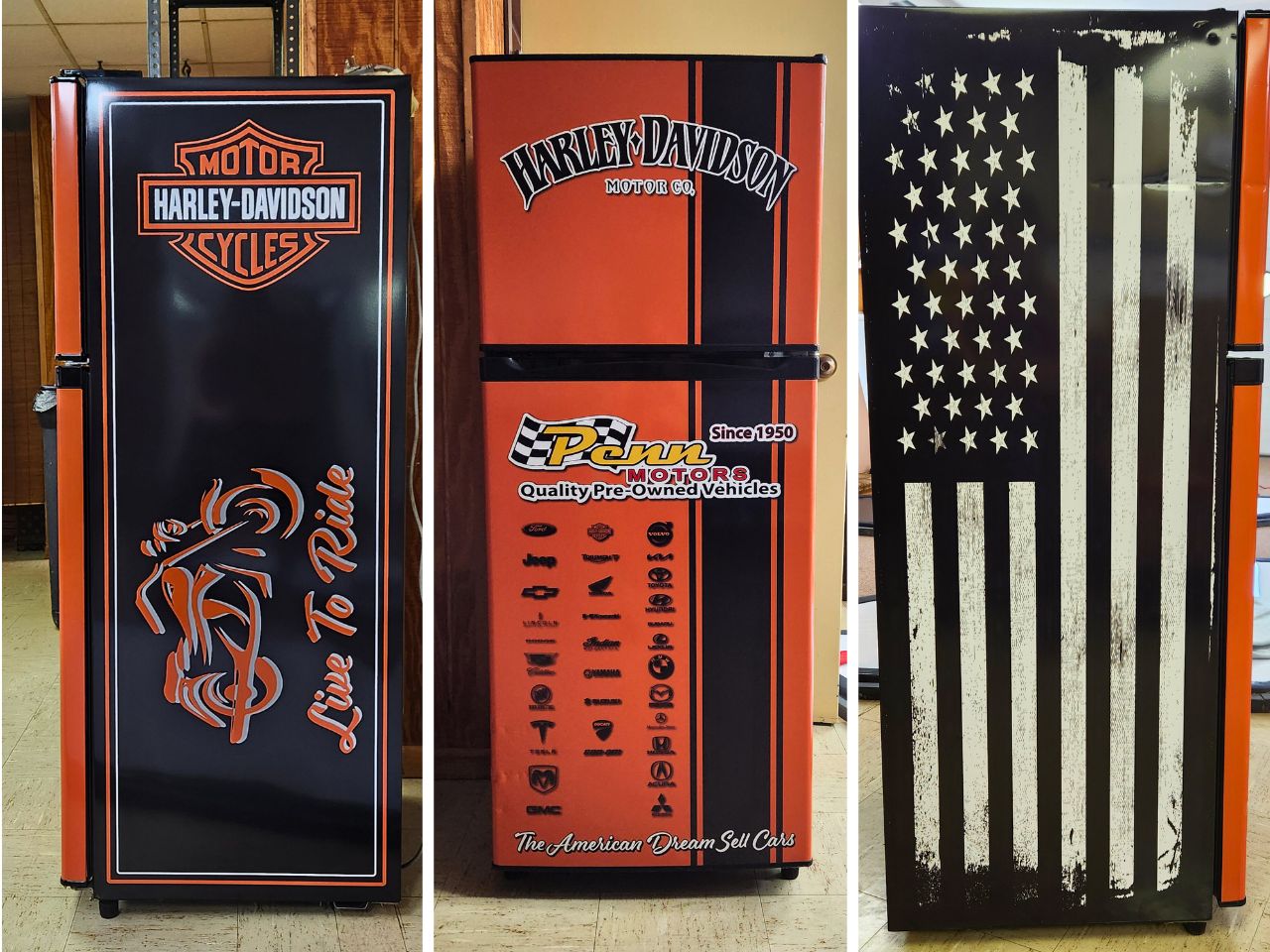 custom Harley Davidson graphics on a refridgerator.